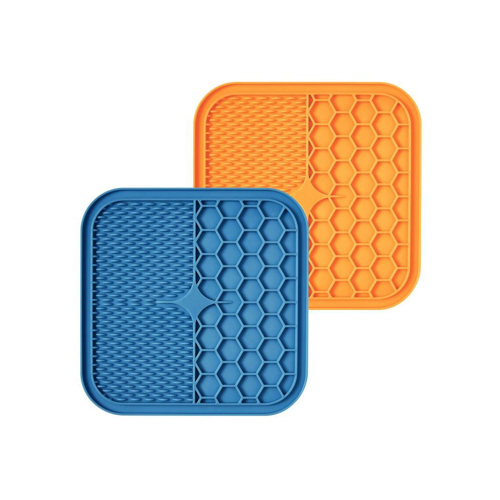Slow Down Lick Mat 2-Pack — the actual product: one blue and one orange silicone mat with suction cups